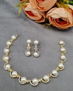 Elegant Simulated <b>Pearl</b> Collar Necklace With Earrings <b>Set</b> Two Tone Plated American Diamond Jewelry <b>Sets</b> For Party Wear Wholesale - Product Image 2
