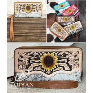 New Premium Pattern Vintage Western Sunflower Hand Tooled <b>Genuine</b> Cowhide Leather Wallet Wristlet Zipper Clutch for Ladies - Product Image 1