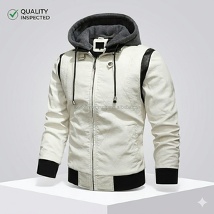 Blouson bomber à capuche blanc pour homme MAKTRA, fermeture éclair, doublure 100% polyester, respirant, détail en peau de mouton, coupe-vent, automne - Product Image 1