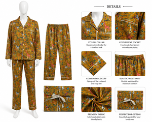 Pyjama long en soie crêpe imprimé animaux de la jungle jaune de qualité supérieure pour femme – Ensemble de nuit et de détente fait main, un chef-d'œuvre - Product Image 6