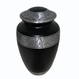 Urne funéraire classique en métal pour cendres humaines, artisanale, noire et argentée, en aluminium gravé, excellent prix - Product Image 1