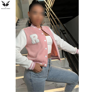 2026 Pink White Varsity <b>Jackets</b> Women Full Sleeve Turn Down Collar Button Closure Autumn Wear Solid Color Short Length - Product Image 3