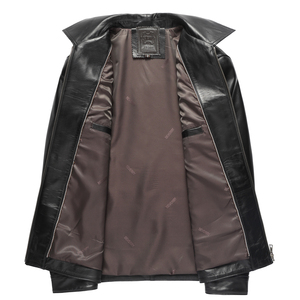 Veste en cuir PU noir pour homme, col rabattu, fermeture éclair, vêtement d'extérieur décontracté pour l'automne, coupe classique, couleur unie, en cuir de chèvre véritable - Product Image 3