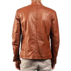 Chaqueta de Cuero Marrón Icónica para Hombre, Prenda Exterior de Piel de Oveja Auténtica con Cierre de Cremallera, Cuello de Banda y Múltiples Bolsillos - Product Image 3