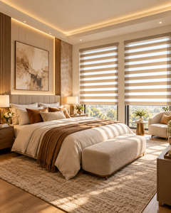 Stores zébrés horizontaux modernes en bambou, filtrant la lumière, bloquant les UV, installation au plafond pour fenêtre à battant, style minimaliste - Product Image 1