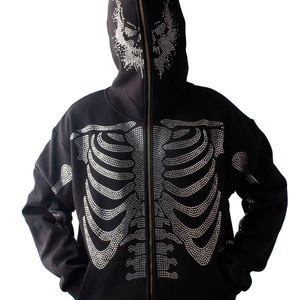 Sudadera con capucha unisex 100% algodón personalizable con cremallera completa, diseño de esqueleto de hierro, pedrería y bordados, patrón sólido vintage - Product Image 1