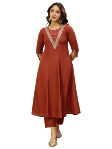 Ensemble Salwar Kameez pour femmes en soie mélangée et mousseline de soie rouge brodée, avec dupatta fleuri, style traditionnel indien pakistanais, pour l'hiver et le printemps, décontracté - Product Image 2