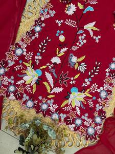 Ensemble ethnique indien/pakistanaise brodé rouge pour femme, tunique longue, pantalon palazzo, dupatta transparent, motif floral, séchage rapide, robe toutes saisons - Product Image 6