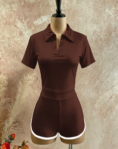 Women Solid Color Plain Dyed Cotton Pajama Set Short Sleeve Shorts Two-Piece Regular Fit Casual Sporty Summer Polo Collar - Product Image 4