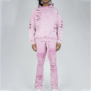 Ensemble de survêtement décontracté pour homme White Bird Express, sweat à capuche rose déchiré et pantalon de jogging déchiré, tenue streetwear décontractée 100% coton - Product Image 1