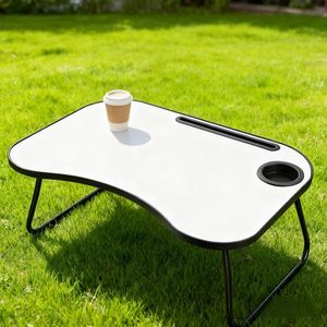 Scrivania Pieghevole Moderna Grigio-Bianca per Laptop 26,5 x 18,5 Pollici, Struttura in Legno e Metallo, Portatile con Portabicchieri - Product Image 2