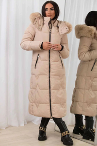 Veste d'hiver matelassée longue pour femme, beige, personnalisée, avec capuche en fausse fourrure, fermeture éclair intégrale, style doudoune, vente en gros OEM - Product Image 5