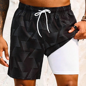 Short de bain sportif unisexe en toile double couche pour homme, séchage rapide, couleur unie, longueur genou, léger, respirant, tricoté - Product Image 1