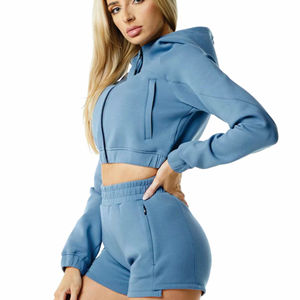 Novedades 2026: Conjunto de 2 piezas de falda corta y sudadera corta de algodón personalizado para mujer, diseño liso, ideal para verano. - Product Image 4