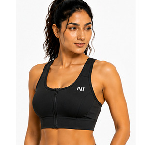 OEM Women Seamless Sports Bra Scoop Neck Racerback Zipper Front Medium Support Breathable Fitness Workout Wear Solid Black - Product Image 2