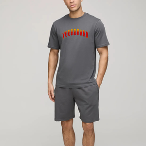 Top Trending Men Summer Casual Two-Piece <b>Set</b> Gray T-Shirt Shorts Crew Neck Letter Print 100% Cotton Breathable & <b>Knitted</b> Fabric - Product Image 1