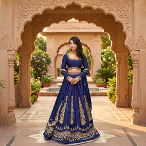 Ensemble Lehenga Choli et Dupatta bleu roi avec broderie dorée, Lehenga Choli traditionnel indien pour femmes pour mariage - Product Image 1