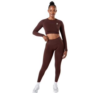 Womens Seamless <b>Long</b> <b>Sleeve</b> Cashmere <b>Brown</b> Sculpting Stretch Crop <b>Top</b> for Gym Training Workout Athleisure Wear - Product Image 4