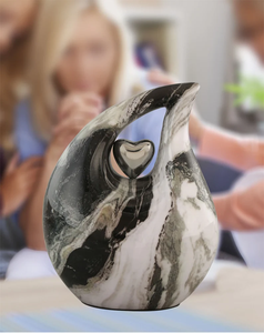 Marble Finish Cremation Urn Tear Drop <b>Ashes</b> Memorial <b>Keepsake</b> Vessel with Heart Metal Decor - Product Image 6