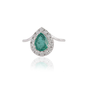 Produits très demandés : Bague halo en émeraude zambienne et diamant, forme poire, bijoux de mariage unisexes, or blanc massif 14 carats. - Product Image 1