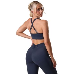 Sujetador deportivo de espalda cruzada azul marino para mujer, soporte medio, elástico, para fitness, gimnasio, entrenamiento, ropa deportiva - Product Image 5