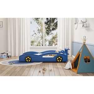 Letto a piattaforma per bambini a forma di auto da corsa blu e giallo in legno, con ruote, per ragazzi - Product Image 2