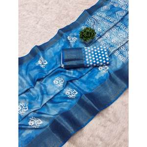 Saree en soie à impression numérique Dola avec bordure Kanjivaram et robe Boluse Modest non cousue en bleu ciel - Product Image 1