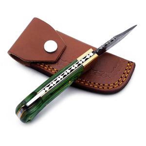 มีดพับเหล็กดามัสกัส ด้ามไม้ปักก้า ตัวล็อคแบบ Back Lock  บอสเทอร์ทองเหลือง พร้อมปลอกมีด พกพาสะดวก ใช้ได้ทั้งตั้งแคมป์และล่าสัตว์ รับผลิตแบบ OEM/ODM - Product Image 3