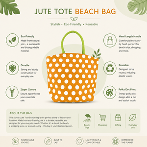 Elegante Bolso de Playa de Yute |   Bolsa de Compras con Estampado de Puntos |   Bolsa de Mano Reutilizable Ecológica con Cierre de Cremallera - Product Image 5