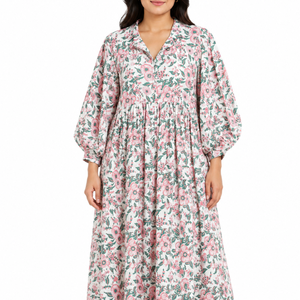 Beautiful Floral Hand Block Printed Cotton Dress for Women Indus <b>Art</b> & Emporium Pink 3/4 Sleeves Summer Casual Wear - Product Image 1