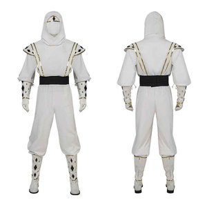 Costume de ninja blanc à capuche une pièce, bordure dorée, ceinture noire pour adultes, unisexe, coupe régulière, 100% coton extensible - Product Image 1