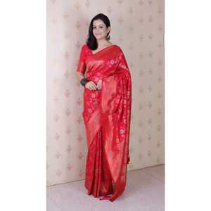 Sari en soie douce tissé Jaal Banarasi rose avec Zari doré et Meenakari Elite Weaves – Vêtement indien/pakistanais - Product Image 2