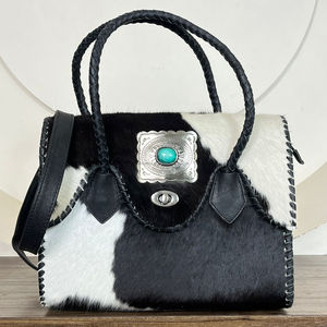 Sac fourre-tout en cuir véritable de vachette à poils, vente en gros usine 2026, sac à bandoulière décontracté pour femme en cuir repoussé avec concho turquoise - Product Image 4