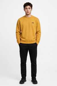 Sweat-shirt col rond jaune moutarde pour homme, coupe décontractée, tricot uni, pull à manches longues, haut d'automne - Product Image 1