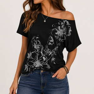 Chemisier d'été décontracté pour femme, imprimé floral, coupe ample, épaules dénudées, en viscose et polyester tissé 260g, vente en gros - Product Image 1