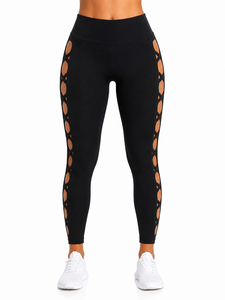 <b>Women</b>’s Black High Waist Stretch <b>Leggings</b> with Side Cutout Crisscross Detail – Full Length Fashion Activewear Pants - Product Image 3