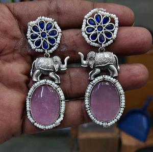 <b>Silver</b> Plated Jade Drop Earrings With Elephant Design Ethnic Women's Wedding Jewelry - Product Image 3