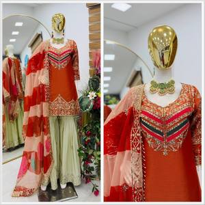 VASTRA COTTAGE Conjunto Kurti de Fiesta de Diseño para Mujer con Top Premium de Bordado de Lentejuelas Pesadas, Palazzo y Dupatta de Organza Tabi - Product Image 3