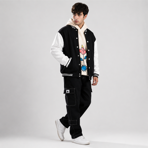 Vintage Knitted Fleece Varsity <b>Jacket</b> Polyester/Cotton Black <b>White</b> Contrast Color Letter Silk Screen Printed Button Closure <b>Men</b> - Product Image 3
