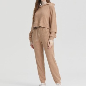 Survêtement beige à capuche pour femme, couleur unie, manches longues, décontracté, respirant, avec cordon de serrage, coupe ample, 100 % coton, idéal pour l'automne - Product Image 6