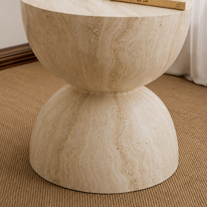 Table basse sablier moderne en travertin avec poignée de transport, structure en bois massif, pierre beige pour salon, chambre et mobilier de maison - Product Image 6