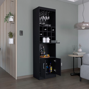 Tall Five Tier Modern <b>Bar</b> Cabinet with Glass Holder Stemware Rack Twelve Bottle Wine Cubbies Pull Out Tray Engineered Wood - Product Image 3