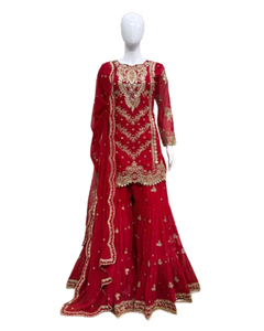 Nuevo Lanzamiento: Traje de Tres Piezas de Tela Chinon Resistente, Estilo Palazzo, para Fiestas y Bodas, Precio de Exportación al por Mayor - Product Image 1