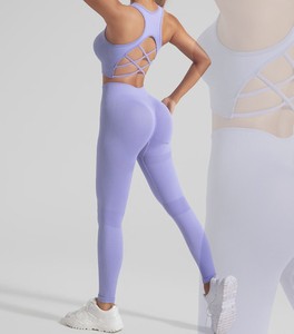 Custom Logo 2 PCS Tummy <b>Control</b> Sportswear Set <b>Stand</b> Solid Seamless Cross Back Yoga Tops Scrunch Butt Workout Leggings Autumn - Product Image 3