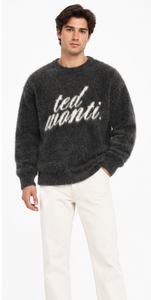 Pull en mohair unisexe coupe oversize, en laine brossée rayée, avec logo personnalisé, conception OEM/ODM, tricoté à la main, col rond, duveteux, pour l'hiver - Product Image 3