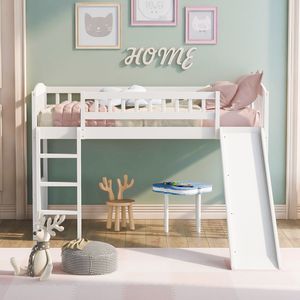 Letto a soppalco bianco singolo con scivolo e scaletta per bambini, prima noto come LT000504AAK - Product Image 2