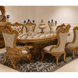 Juego de Mesa y Sillas de Comedor de Lujo de Madera Maciza de Estilo Neoclásico Real con Acabado Dorado, Forma Ovalada, 6 Sillas, Muebles para el Hogar de Estilo Antiguo - Product Image 1