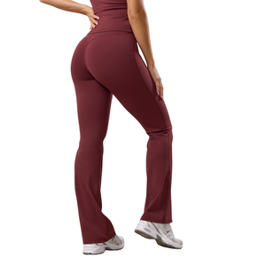 Burgundy <b>Flared</b> Yoga <b>Leggings</b> Women High Waist Gymwear Stretch Fitness Training Workout Activewear Performance Pants - Product Image 2