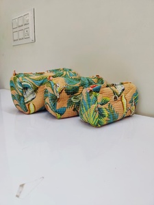 Quilted Reusable Fashion Zipper Cosmetic Bag Set Handmade Block Print Sponge Vanity <b>Case</b> Indian Cotton Travel Kit Craft Jaipur - Product Image 1
