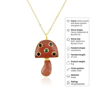 Natural Stone Cherry Quartz Mushroom Pendant <b>with</b> Tiny Cubic Zircon Inlaid 18k Gold Plated Brass Chain Women Jewelry Necklace - Product Image 1